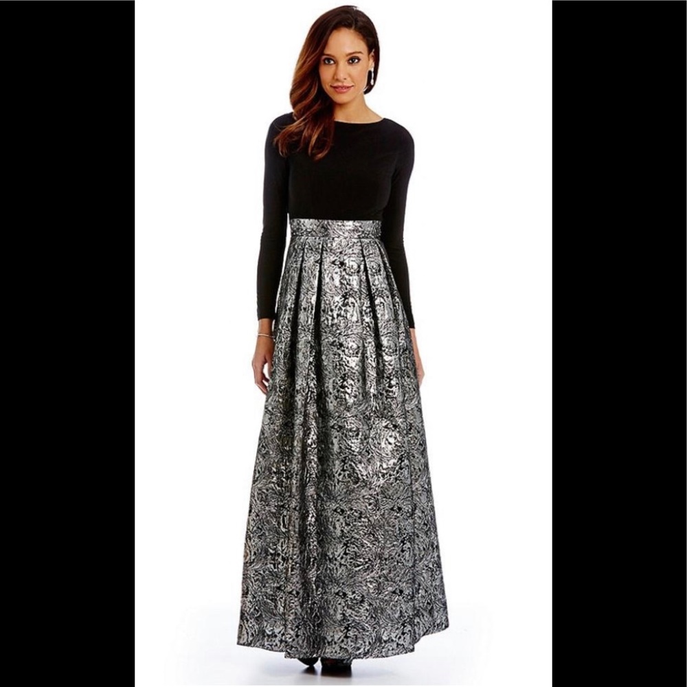 Black Silver Sleeve Metallic Brocade Ballgown
